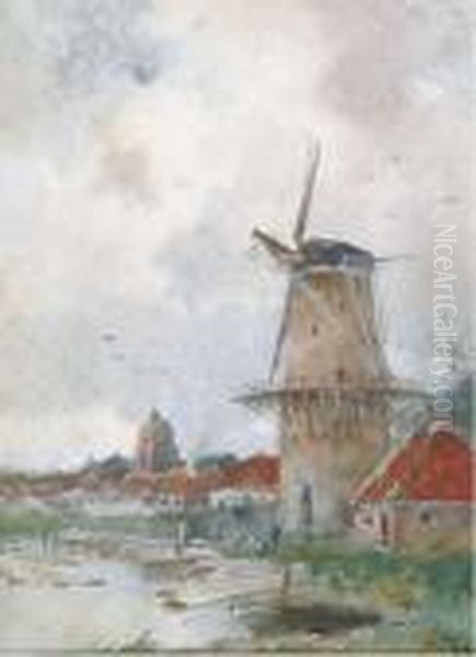 Windmill On The Edge Of A Village Oil Painting by Willem Cornelis Rip