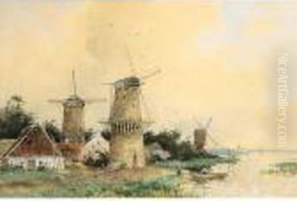 A River Landscape With Windmills Oil Painting by Willem Cornelis Rip