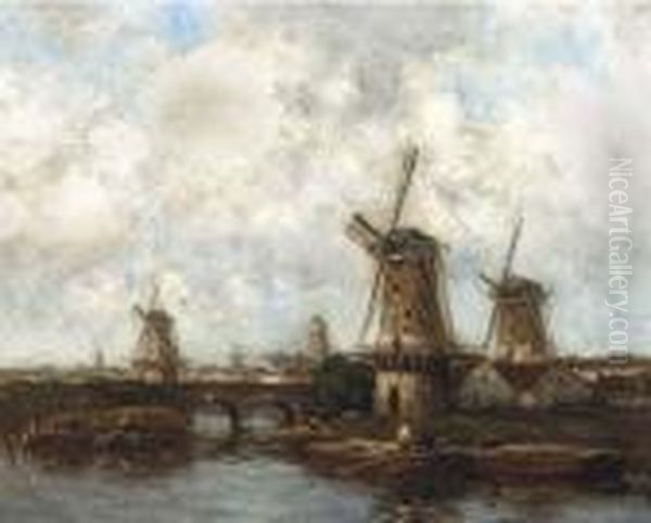 Windmills Near Dordrecht Oil Painting by Willem Cornelis Rip