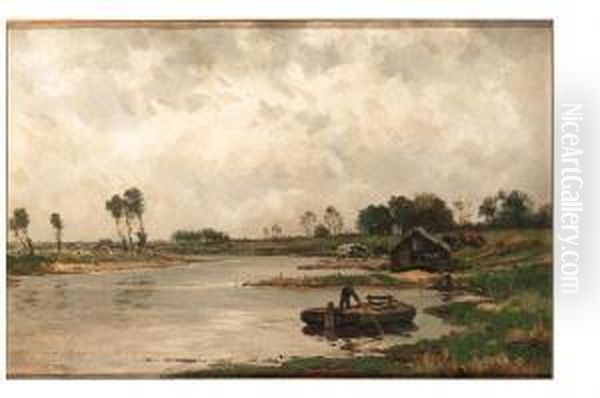 A River Landscape With A Peasant On A Barge Oil Painting by Willem Cornelis Rip