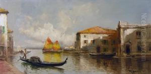 Canal Scene With Gondolier Oil Painting by Virgilio Ripari