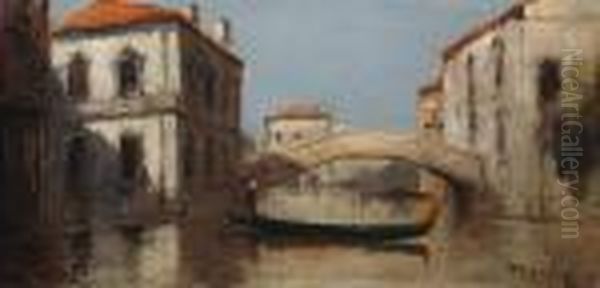 Gondola On A Venetian Canal Oil Painting by Virgilio Ripari