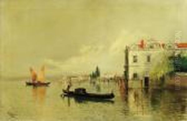 Venetian Backwater Oil Painting by Virgilio Ripari