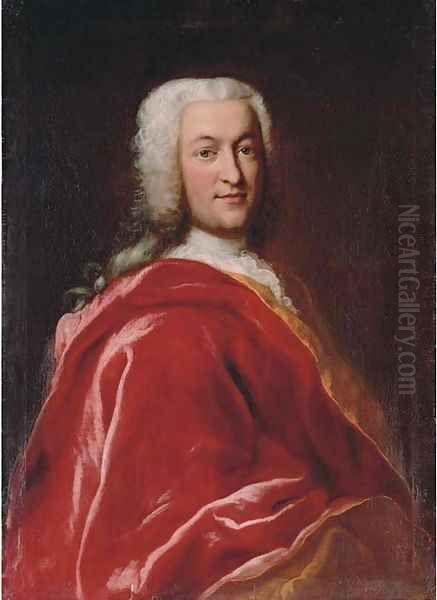 Portrait of a gentleman, half-length, in a red velvet mantle, wearing a wig Oil Painting by Georg Desmarees