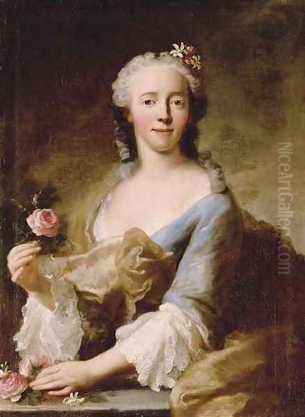 Portrait of a lady, half-length, in a blue dress with white lace sleeves and trimming, holding a pink rose in each hand, with flowers in her hair Oil Painting by Georg Desmarees