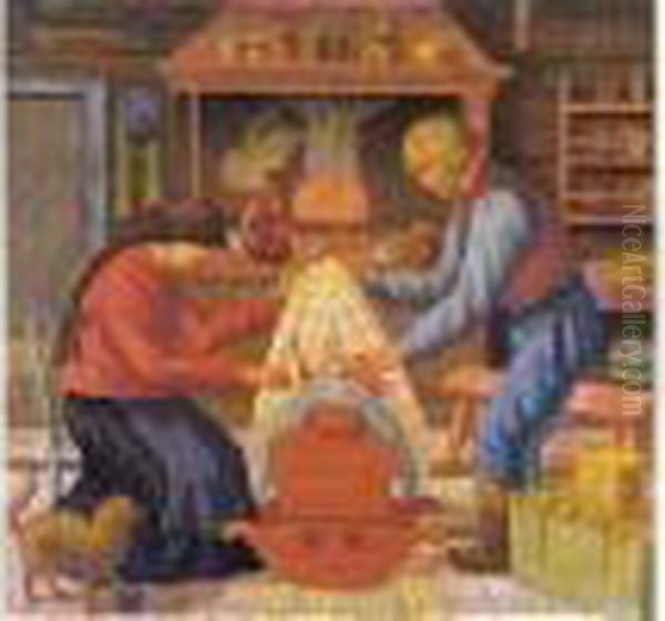 Vader En Moeder Bij De Wieg (1936) Oil Painting by Juho Vilho Rissanen