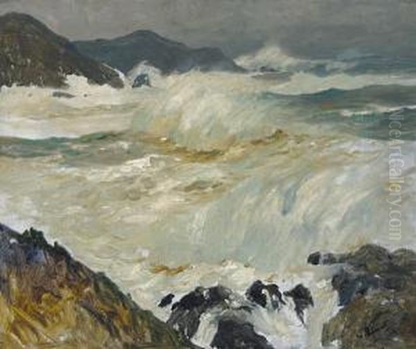 Crashing Waves On A Rocky Shore Oil Painting by William Frederick Ritschel