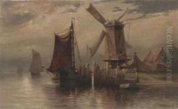 Dutch Harbor With Windmill Oil Painting by William Frederick Ritschel