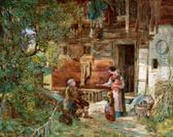 Familienidylle Vor Dem Bauernhaus Oil Painting by Eduard Ritter