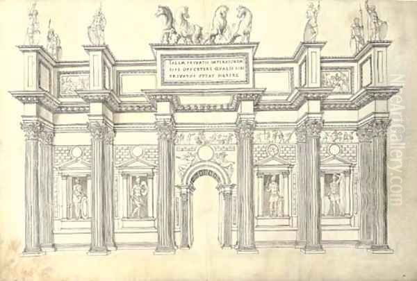 A monumental gateway of five bays in the Corinthian Order Oil Painting by J. Androuet (du Cerceau) Ducerceau