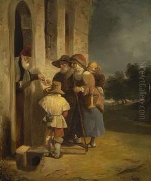 Bettlerfamilie An Der
 Hausture. Oil Painting by Eduard Ritter