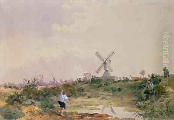 The Windmill on Wimbledon Common with a Boy Fishing Oil Painting by J. B. de Fleury