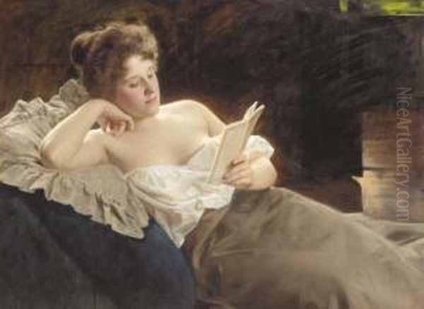 A Reclining Woman Reading Oil Painting by Albert Ritzberger