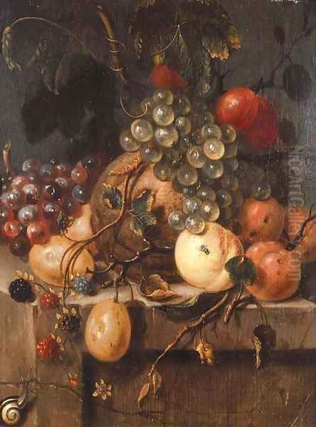 Bunches of grapes, raspberries, plums, a melon, peaches and apricots with a snail on a ledge Oil Painting by Jan van Doornik