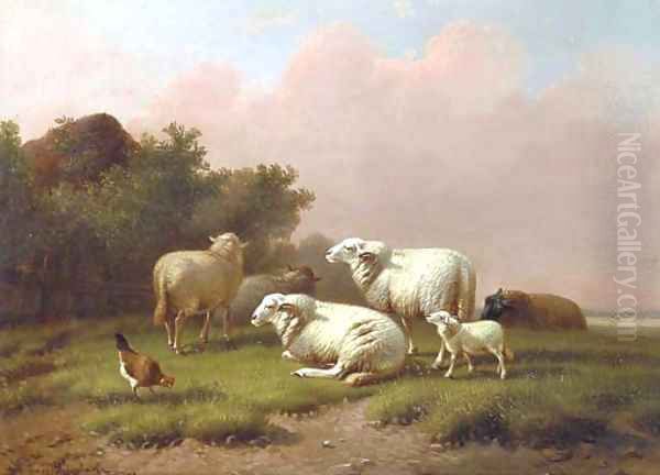 Sheep in a meadow at sunset Oil Painting by Joseph Van Dieghem