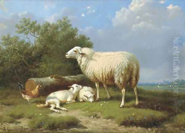 Sheep with her lambs Oil Painting by Joseph Van Dieghem