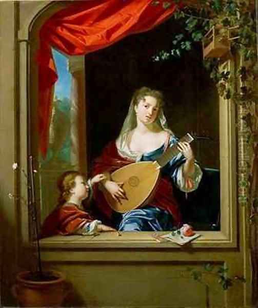 Elegant Lady Playing the Lute at a Window Oil Painting by Philip van Dyck