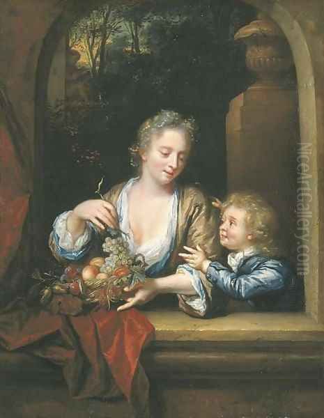 A mother and child with a basket of fruit at a casement Oil Painting by Philip van Dyck