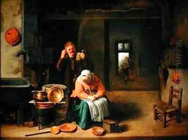 Kitchen Interior with a Man Drinking and a Woman Spinning Wool Oil Painting by Pieter Jacobsz (called Colinchovius) Duyfhuysen