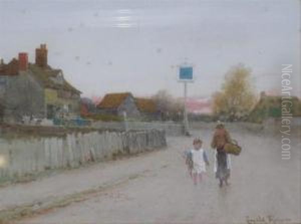 Mother And Daughter On A Road Before An Inn Oil Painting by Leopold Rivers