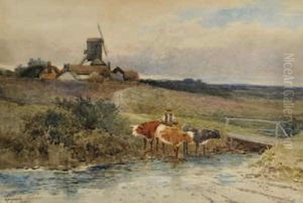 A Herdsman And Cattle On A Stream Oil Painting by Leopold Rivers