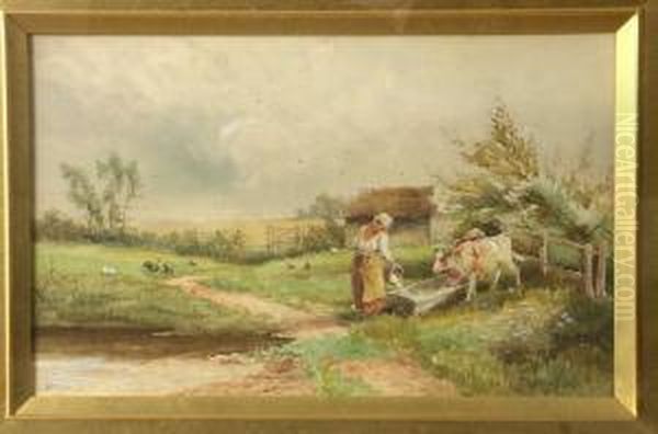 Rural Scene With A Farmers Wife Feeding The Calves Oil Painting by Leopold Rivers