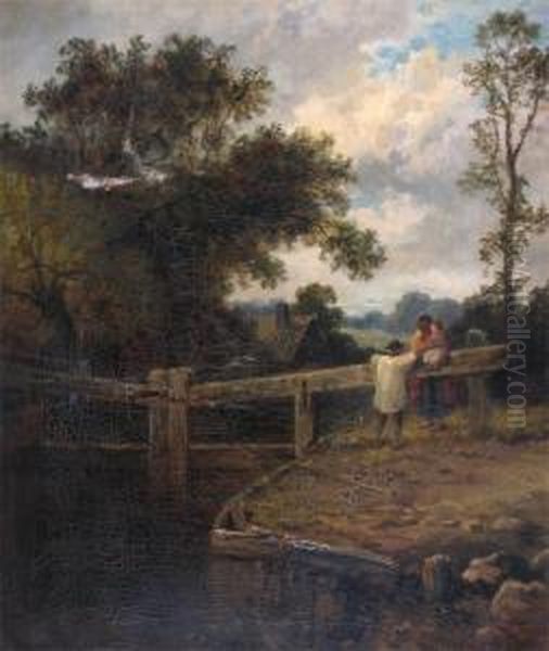 Figures By A Lock Oil Painting by Leopold Rivers