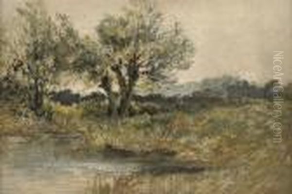 A Wooded Riverbank Oil Painting by Leopold Rivers