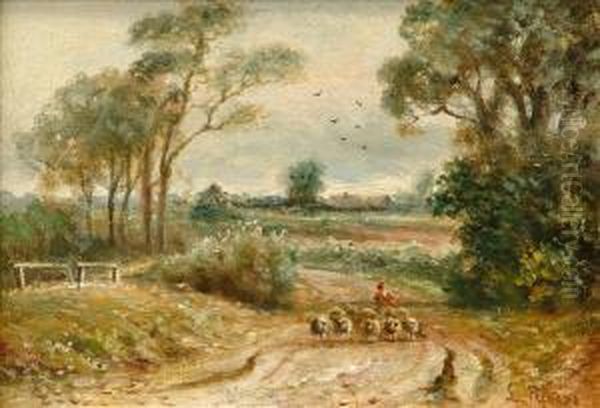 Sheep And Shepherdon A Country Lane Oil Painting by Leopold Rivers