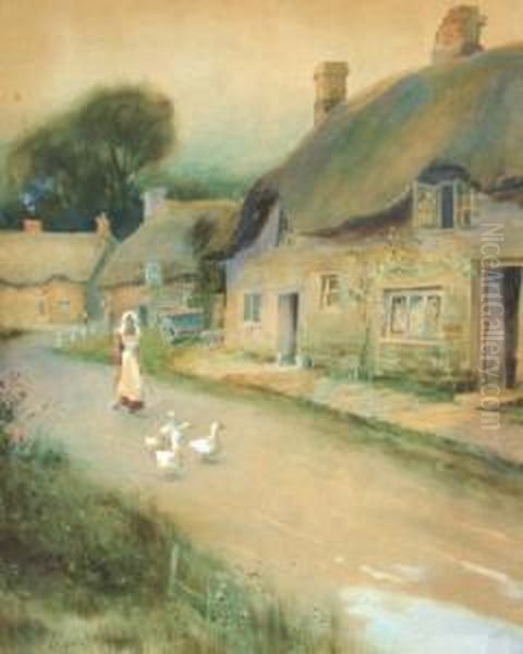 Village Street Scene With Girl And Geese; Watercolour, Signed And Dated 1892, 38x32cm Oil Painting by Leopold Rivers