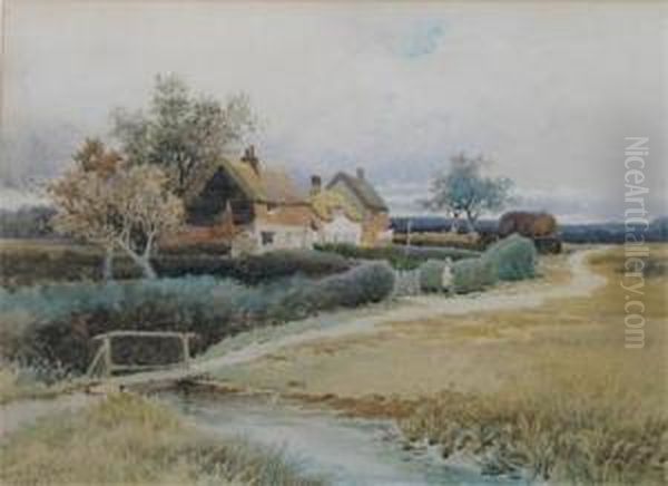 A River Landscape With Cottages Oil Painting by Leopold Rivers