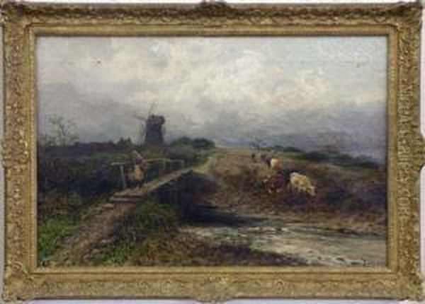 Country Scene Cows Crossing River Oil Painting by Leopold Rivers