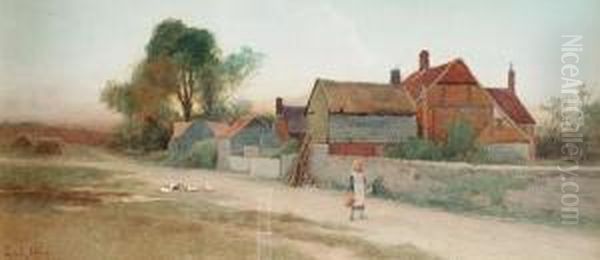 A Young Girl Walking Past A Farm Oil Painting by Leopold Rivers