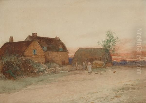 A Farmstead At Sunset Oil Painting by Leopold Rivers