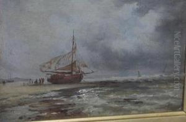 A Beached Fishing Vessel With Figures Oil Painting by Leopold Rivers