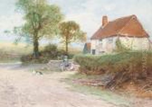 Children Playing Outside A Country Cottage Oil Painting by Leopold Rivers