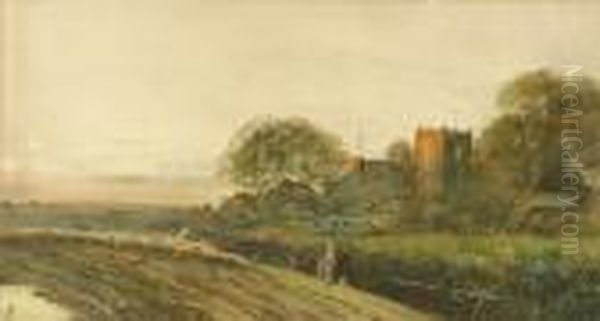 Sheep On A Trackpassing A Village At Sunset Oil Painting by Leopold Rivers