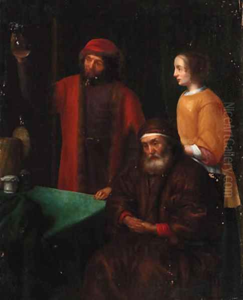 A doctor with an old man and his daughter in an interior Oil Painting by Abraham Van Dyck