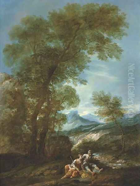 A mountainous river landscape with a shepherd and shepherdess Oil Painting by Antonio Diziani