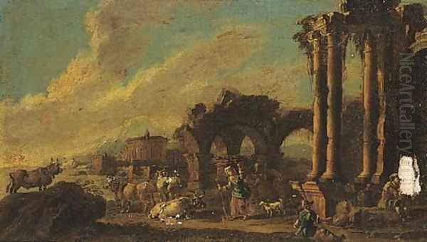 Shepherds and shepherdesses amongst classical ruins Oil Painting by Antonio Diziani