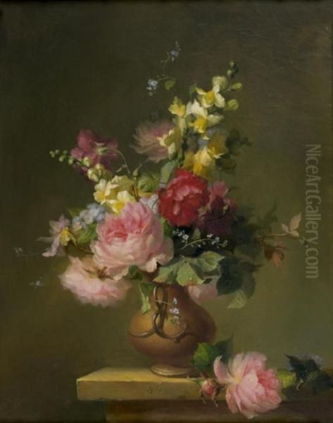 Bouquet De Roses Et Divers Fleurs Dans Un Vase Pose Sur Unentablement Oil Painting by Francois Rivoire