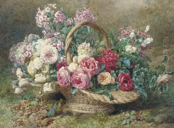 A Basket Of Roses And Hydrangeas On A Mossy Bank Oil Painting by Francois Rivoire