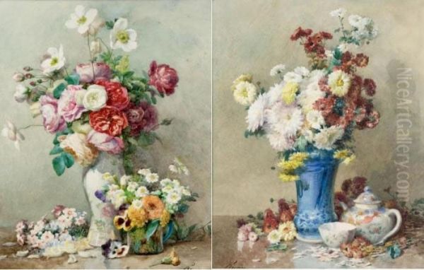 Still Life Of Roses; Still Life Of Chrysanthemums Oil Painting by Francois Rivoire