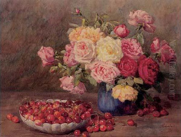 Nature Morte Au Bouquet De Roses Et Aux Cerises Oil Painting by Francois Rivoire