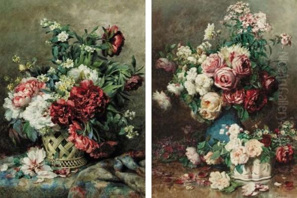 A Vase Of Roses; And A Basket Of Flowers Oil Painting by Francois Rivoire