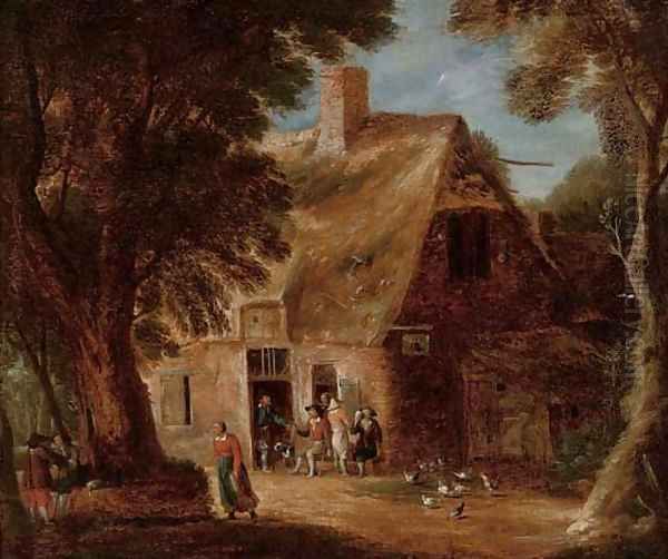 A wooded landscape with boors drinking by a cottage Oil Painting by Joos Cornelisz. Droochsloot