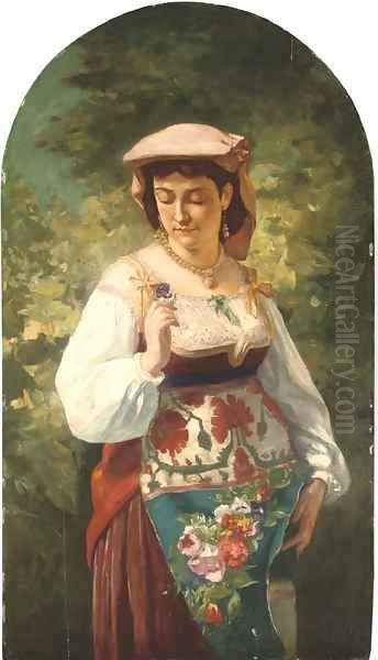 An Italian beauty holding a flower Oil Painting by Aleksandr Davidovic Drevin