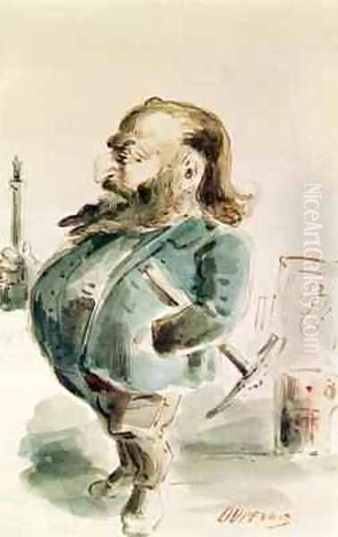 Caricature of Gustave Courbet 1819-77 holding the Colonne de Vendome Oil Painting by Dupendant