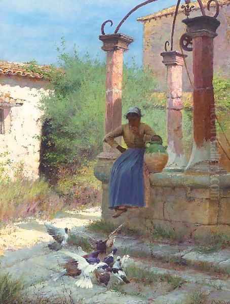 Feeding pigeons at the well Oil Painting by Edward Docker