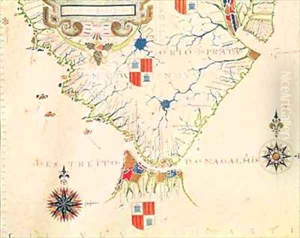 Fol 13 Map of South America and the Magellan Straits from an atlas Oil Painting by Fernao Vaz Dourado